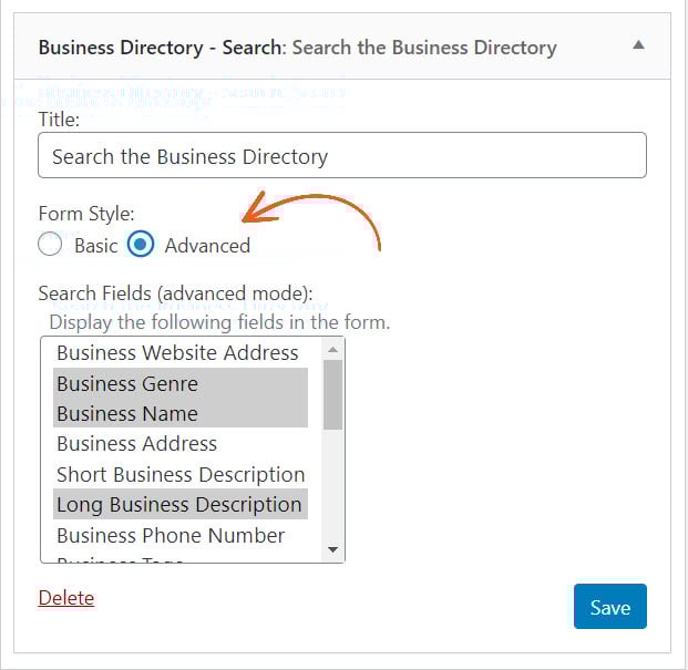 Advanced search widget settings